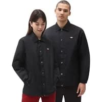 Black Dickies Oakport Coach Jacket with button closure, collared neck, and logo patch on chest.