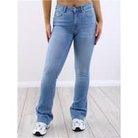 Light blue mid-rise flared jeans with front pockets and button closure, worn with white sneakers.