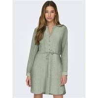 Green v-neck tunic with long sleeves, button front, and waist tie, in a lily pad pattern, size L.