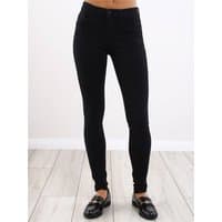 Black skinny fit jeans with a mid-rise waist, button closure, and classic five-pocket design.