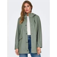 Agave green raincoat with hood, front buttons, and large pockets, worn by a model over a white top and jeans.