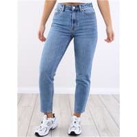 Denim high-waisted ankle-length straight fit jeans with front button and zip closure, worn with white sneakers.