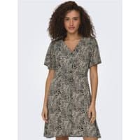 Pumice Stone short dress with V-neck, short sleeves, and abstract black and white pattern.