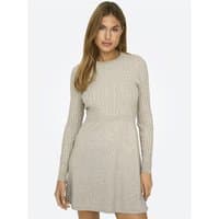 Weathered teak knit cable dress with long sleeves and fitted waist, worn by a model.