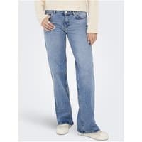 Light blue low waist wide leg jeans with button closure, front pockets, and relaxed fit.
