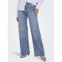 Medium blue denim wide jeans with rhinestone details, high waist, and straight leg fit, worn with blue heels.