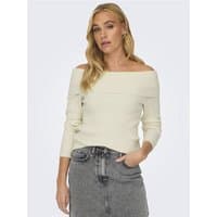 Gray melange off-shoulder knit top with long sleeves and ribbed texture, worn by a model with light denim jeans.