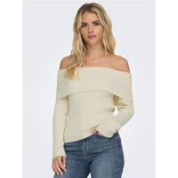 White off-shoulder knit top with wide fold-over neckline, long sleeves, fitted design, worn by model with blonde hair.