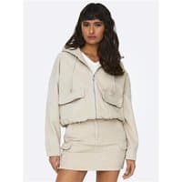 Pumice Stone cord jacket with long sleeves, front zipper, large pockets, and drawstring hood, size XS.