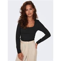 Black long-sleeve deep neck top, medium size, versatile 2-way design, worn by model with beige pants.