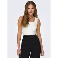 White sleeveless top with square neckline, fitted design, worn by model, paired with black high-waisted pants.