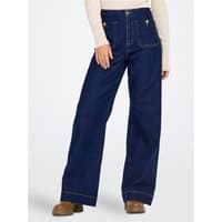 Dark blue denim wide-leg jeans with large front pockets, high waist, and copper button details.