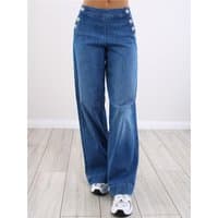 Medium blue denim wide-leg jeans with high waist, button details on sides, and regular length.