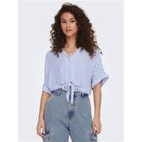 Blue striped tie-front shirt with short sleeves and a collar, worn by a model.