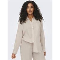 Linen blend long-sleeve shirt in moonbeam color, featuring a relaxed fit and button-down front.