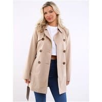 Ginger root XL trenchcoat with double-breasted buttons, wide lapels, and waist belt, worn by a model.