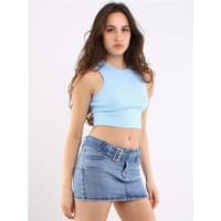 Light blue cropped tank top with ribbed texture and sleeveless design, worn by a model.