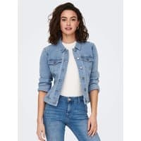 Blue denim jacket with button front, chest pockets, and long sleeves, worn by a model over a white top.