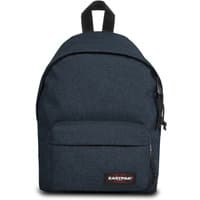 Denim Eastpak Orbit small backpack with front pocket, black handle at right front, and Eastpak logo on front right corner.