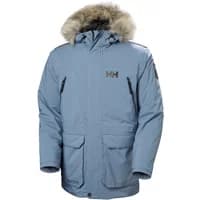 Blue Helly Hansen parka with fur-trimmed hood, front pockets, and HH logo on chest.