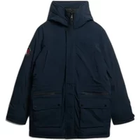 Navy blue Superdry City parka with hood, front zipper, two large flap pockets, and subtle logo on sleeve.