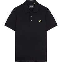Black Lyle & Scott polo shirt with short sleeves, buttoned collar, and yellow eagle logo on the chest.