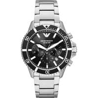 Emporio Armani AR11360 men's diver watch, 43mm stainless steel, black dial, chronograph, 100m water resistant.