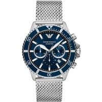 Emporio Armani AR11587 watch, blue dial, 44mm stainless steel, mesh strap, chronograph features, water-resistant.