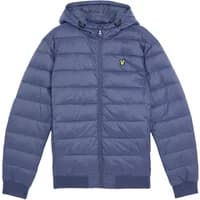Blue Lyle & Scott puffer jacket with hood, quilted design, and yellow eagle logo on chest.