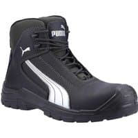 Black Puma men's mid safety boots with white stripe, padded collar, and reinforced toe.