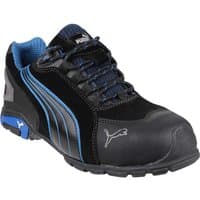 Black Puma men's safety boots with blue accents, steel toe, and slip-resistant sole.