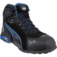 Black and blue Puma men's mid safety boots with steel toe, padded collar, and signature logo on side.