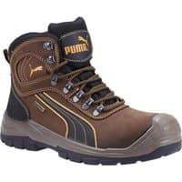 Brown Puma Sierra Nevada Mid Safety Boots with black accents, metal eyelets, and reinforced toe.
