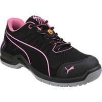 Black and pink Puma Safety Fuse trainers with mesh upper, pink accents, and slip-resistant sole.