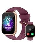 Smart watch with rose gold case, purple band, HD touch screen displaying time, call interface, and floral design.
