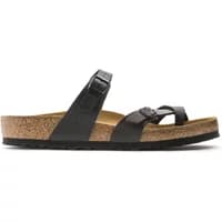 Black Birkenstock Mayari sandals with Birko-Flor straps, cork footbed, and adjustable buckles.