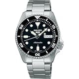 Seiko 5 Sports 38mm watch, black dial, stainless steel case, luminous markers, day-date display, silver bracelet.