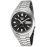 Seiko unisex analogue quartz watch, black dial, silver hour markers, day-date display, stainless steel bracelet.