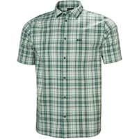 Green and white plaid short-sleeve button-up shirt, Helly Hansen logo on chest, classic collar, casual fit.