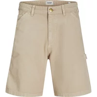 Beige Jack & Jones Tony Mid carpenter shorts with belt loops, button closure, side pocket, and knee-length cut.