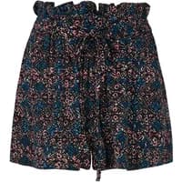 Black and blue floral Protest Huma shorts with ruffled waistband and adjustable drawstring.