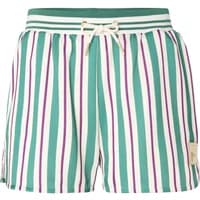 Green and white striped satin shorts with purple accents, elastic waistband, and drawstring by Fila Lassance.