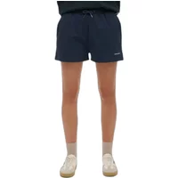 Navy blue Superdry women's shorts with elastic waistband, drawstring, and subtle logo on left leg.