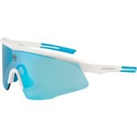 White Endura Shumba Glasses II with blue mirrored wraparound lens and blue accents on arms.