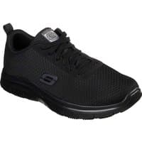 Black Skechers Bendon men's slip-resistant work shoes with mesh upper and lace-up front.