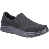 Black Skechers McAllen men's slip-resistant work shoes with mesh upper and cushioned sole.