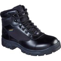 Black Skechers Wascana Benen men's waterproof work boots with lace-up front and rugged sole.