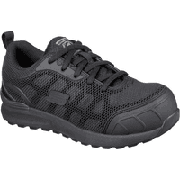 Black Skechers safety shoe with mesh upper, reinforced toe, lace-up design, and rugged sole, size 8.
