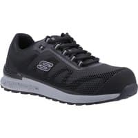 Black Skechers safety trainer with mesh upper, reinforced toe, and gray sole, size 8 by Footsure Western Limited.