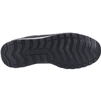 Black Skechers safety trainer with rugged tread pattern, reinforced toe, and lace-up design, size 9.